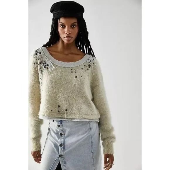 RARE NWT Free People Embellished Pull Over Knit Sweater | Mob Wife Coquette Boho - Picture 13 of 16